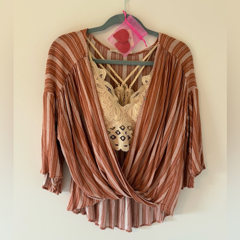NWT - Millibon Orange Striped Blouse with Lace Brami Set - Sz L